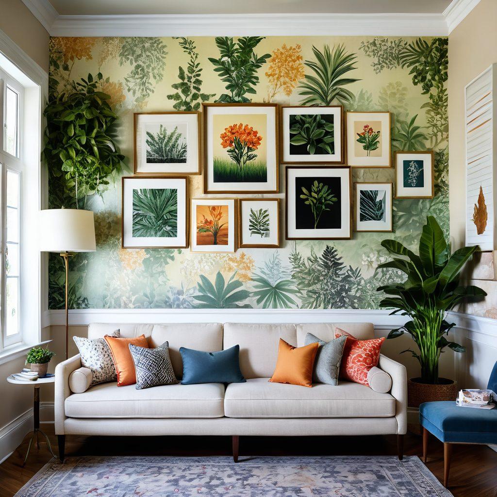 A beautifully styled living room showcasing an array of creative wall solutions like colorful wallpaper, textured panels, and framed artwork. Soft natural light filters through a large window, casting gentle shadows on the varied wall finishes. A cozy sofa with artistic cushions invites viewers to imagine their own space reimagined. Include decorative plants for a touch of nature and warmth. super-realistic. vibrant colors.