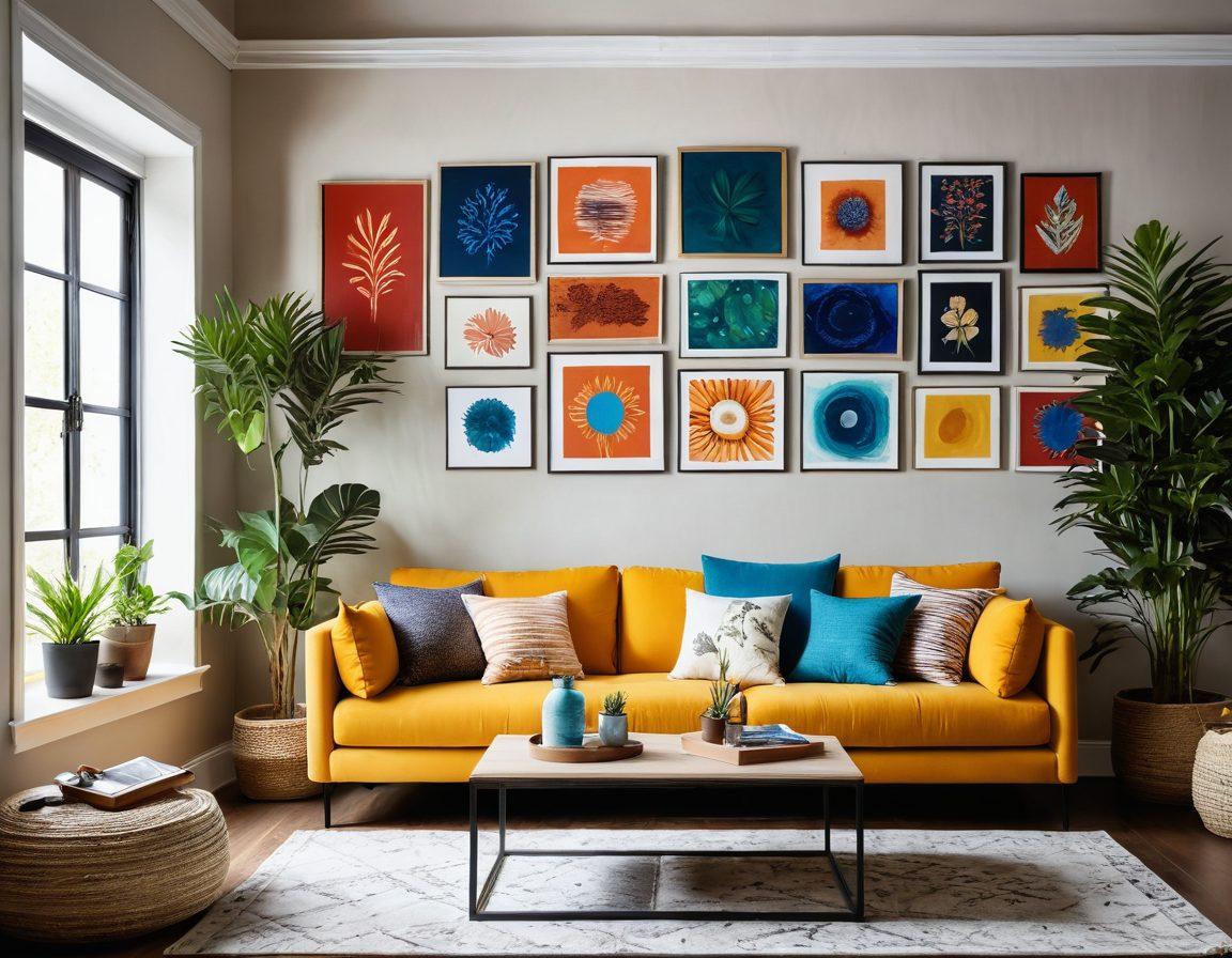 A vibrant, artistic room interior featuring a stunning wall adorned with creative DIY art solutions, such as painted murals, hanging planters, and framed photographs. Incorporate a cozy seating area with colorful cushions and a stylish coffee table, filled with art supplies and decor items, bathed in warm natural light. The atmosphere should evoke creativity and inspiration, showcasing innovative wall decor ideas for home spaces. super-realistic. vibrant colors. soft lighting.