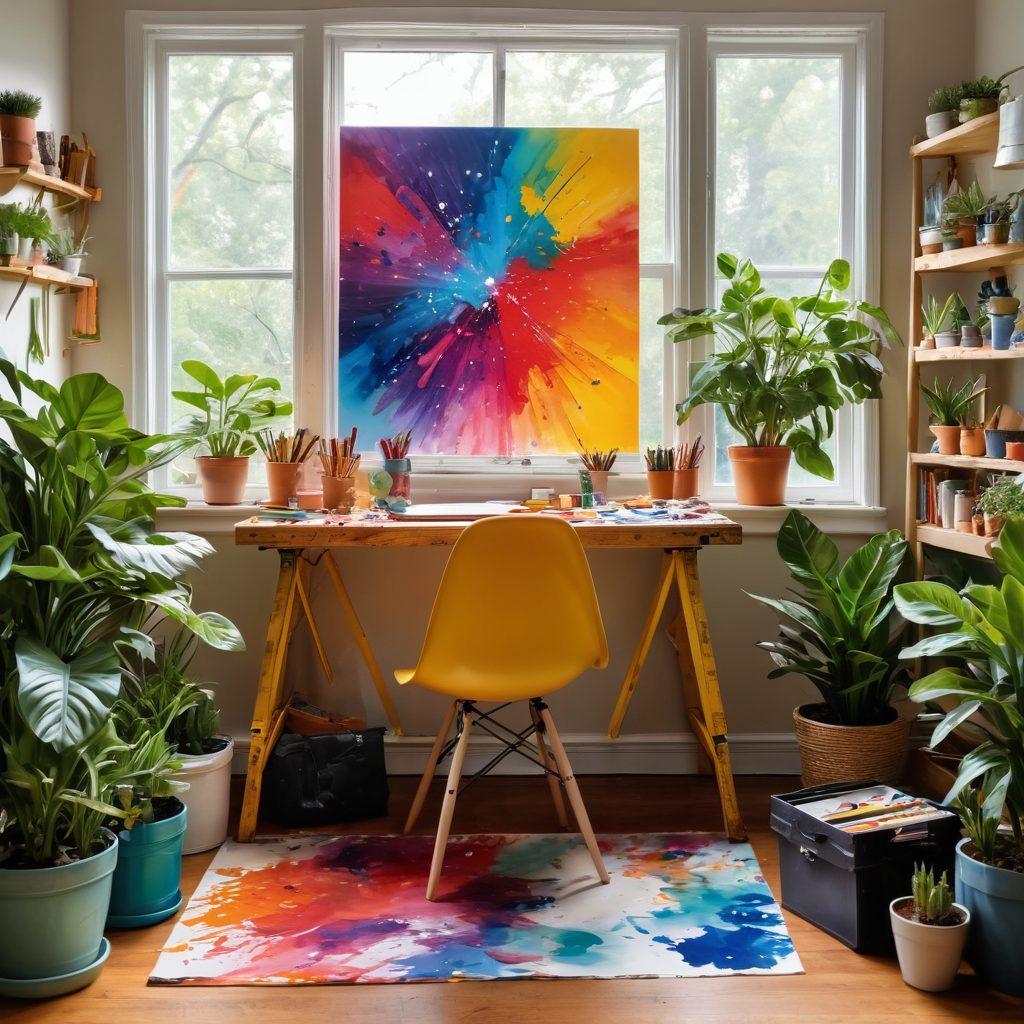 A vibrant, inspiring home workspace filled with paint splatters and crafting tools, showcasing a canvas in the center adorned with colorful, abstract home improvement ideas. Natural light streams through a window, illuminating a cozy, inviting atmosphere filled with plants and art supplies. Include illustrations of tools like brushes, hammers, and blueprints surrounding the canvas, symbolizing creativity and transformation. super-realistic. vibrant colors. bright background.